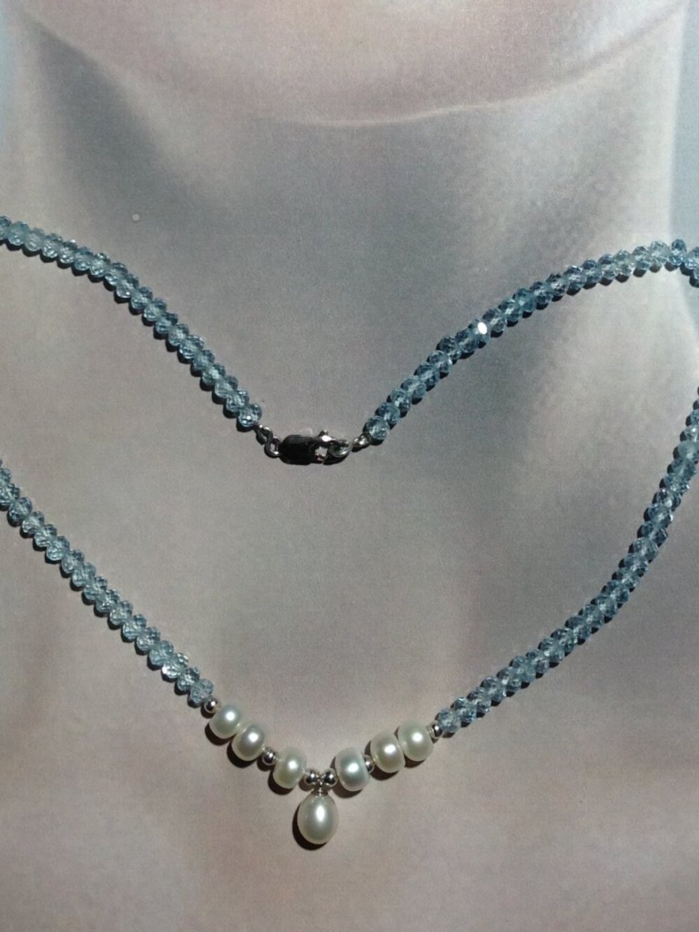 Natural Faceted Rondelle Blue Topaz Beads and Freshwater Pearl Necklce.